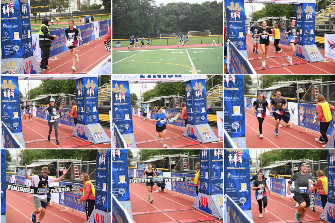 A collage of nine photos showing runners crossing the finish line at an outdoor athletic event.